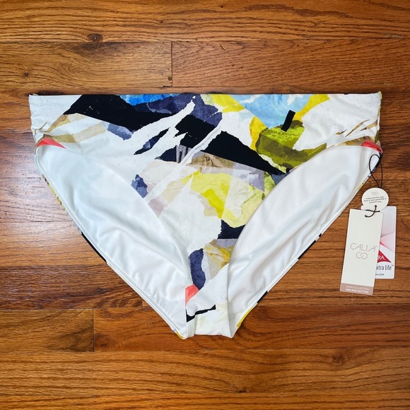 Calia Other - CALIA Bikini Bottoms‎ Womens XL White Mid Rise High Leg Abstract Collage New